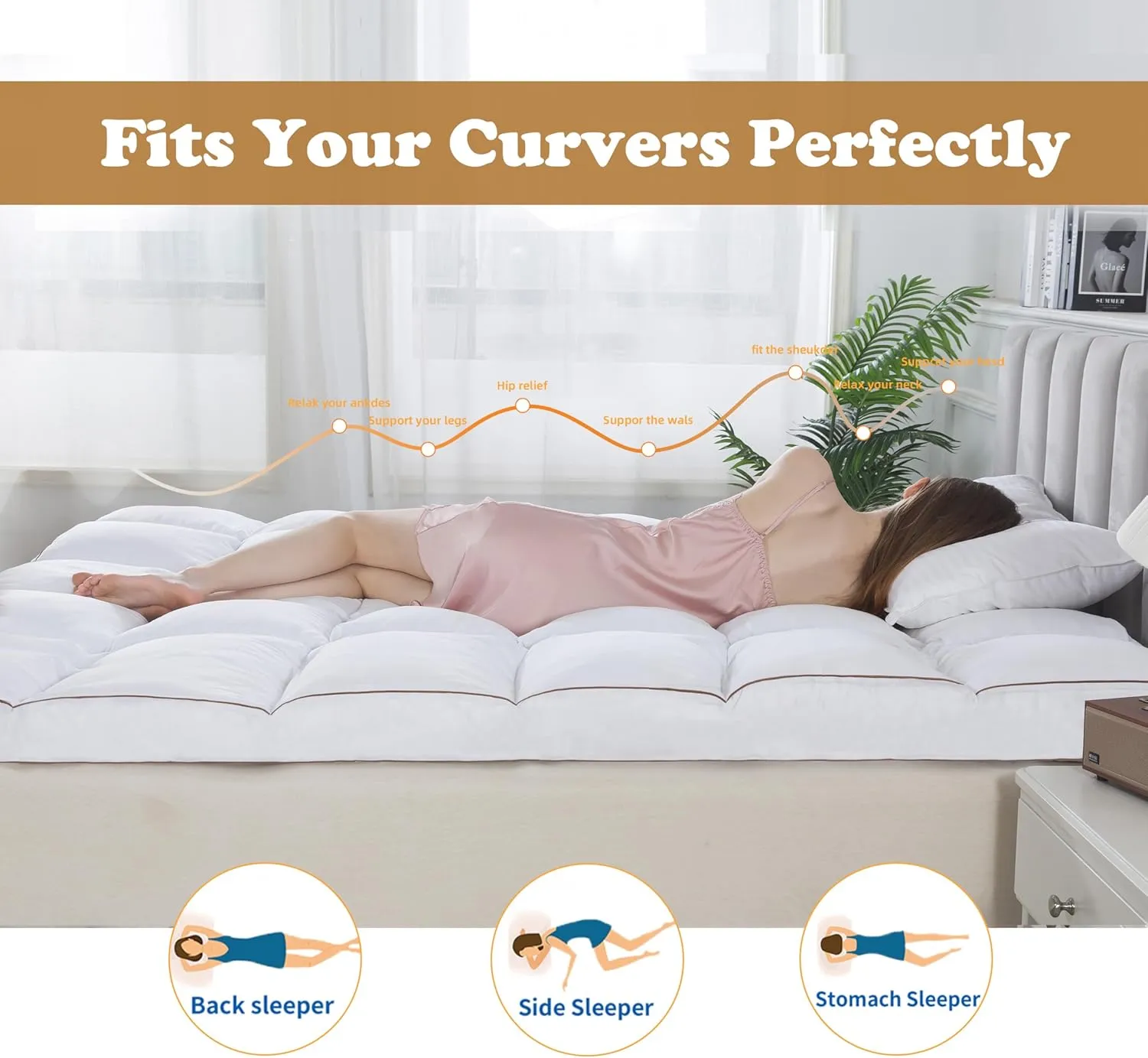 WhatsBedding 3 Inch Memory Foam Mattress Topper Queen Size Plus Thicked Down Alternative-Lined, 1700GSM Fluffy Shredded Memory Foam Filled Pillow Top, 4 Anchor Elastic Bands, Anti-Slip Bottom, 60x80in