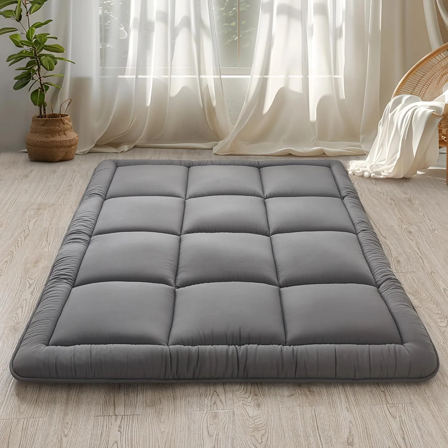 WhatsBedding Japanese Floor Mattress Futon Mattress 3" Grey Tatami Mat Shredded Memory Foam Filled Sleeping Pad, Foldable & Portable Roll Up Lounger Camping Bed for Kids and Adult,Twin Size 39"x 80"