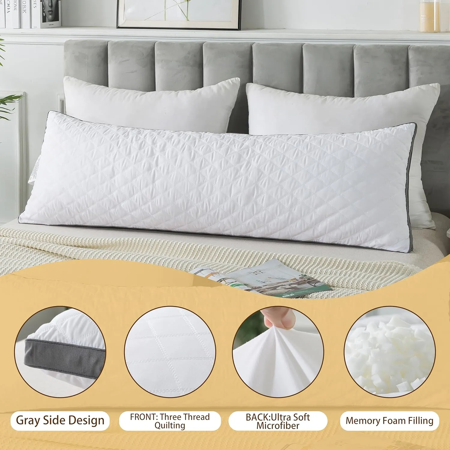 WhatsBedding Memory Foam Body Pillow -Fluffy Body Pillows for Adults -Large Long Bed Pillows for Sleeping - 20x54 inch, White