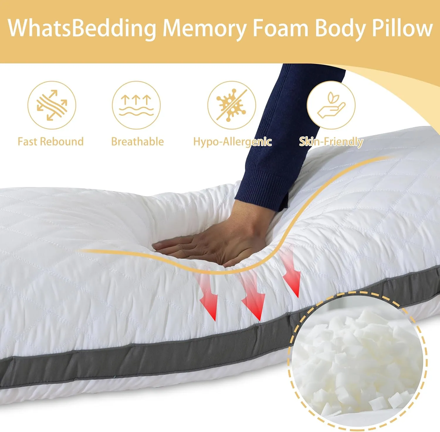 WhatsBedding Memory Foam Body Pillow -Fluffy Body Pillows for Adults -Large Long Bed Pillows for Sleeping - 20x54 inch, White