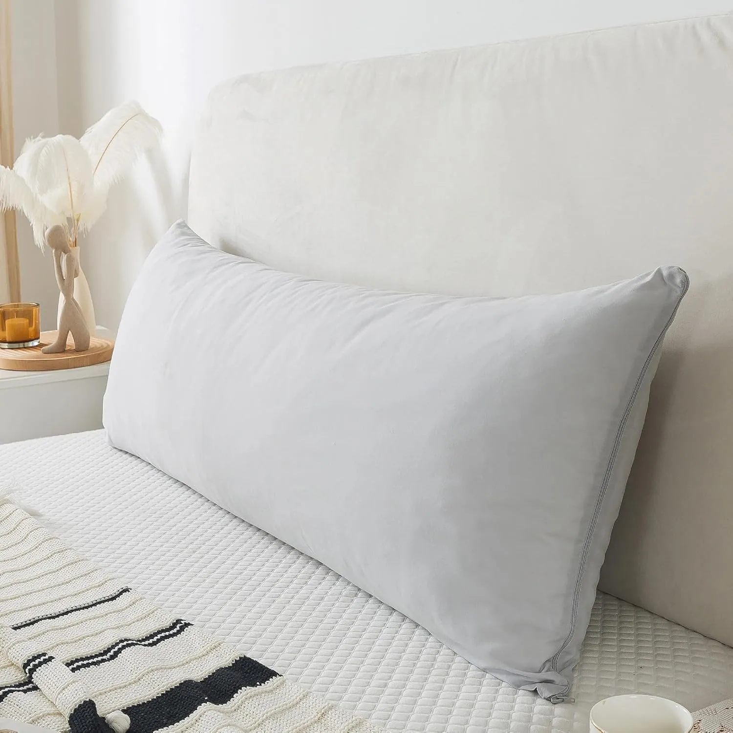 WhatsBedding Memory Foam Body Pillow with Breathable Zippered Cotton Cover, Full Body Pillow for Adults, Long Pillow for Sleeping, Firm Pillow Breathable Fluffy Supportive, Light Gray