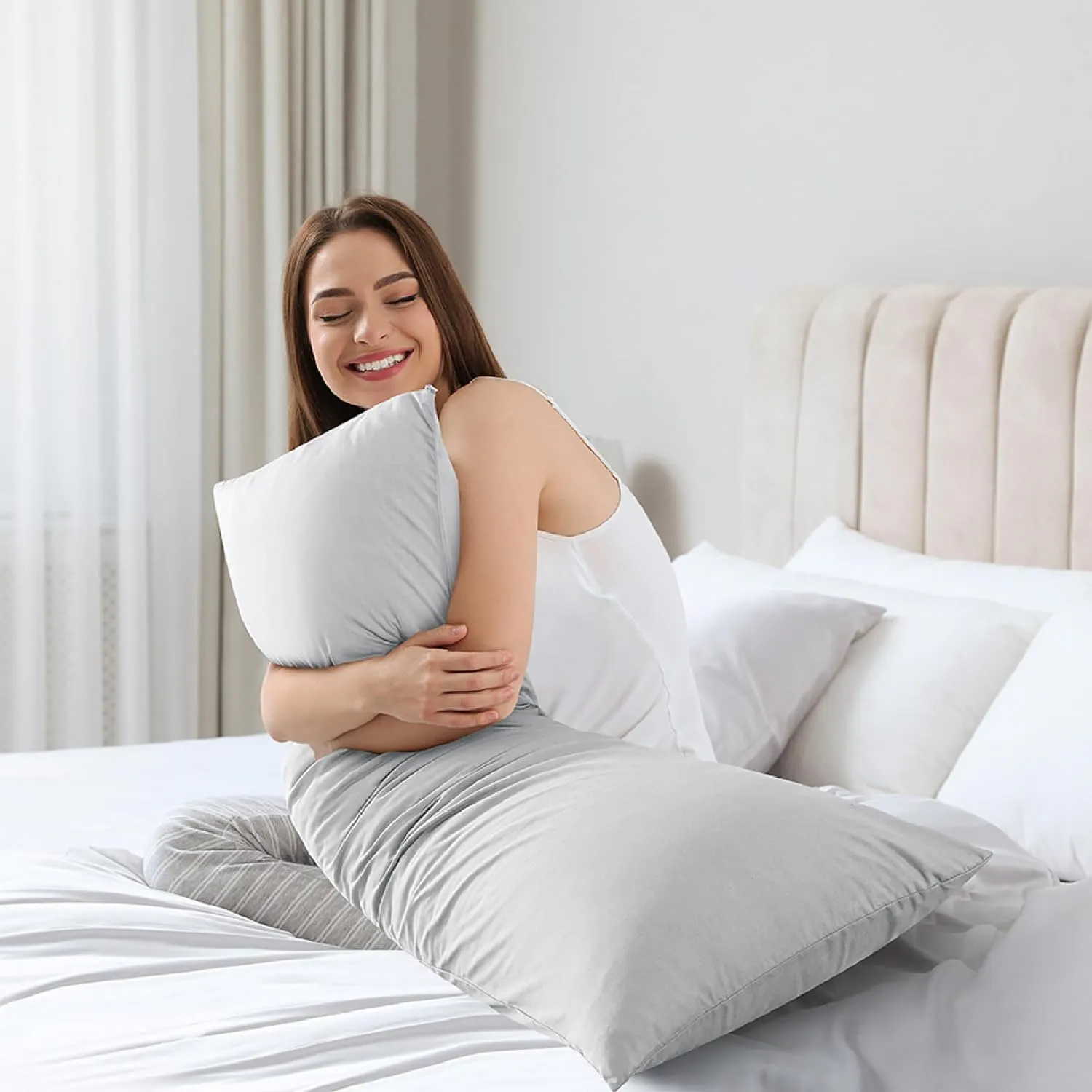 WhatsBedding Memory Foam Body Pillow with Breathable Zippered Cotton Cover, Full Body Pillow for Adults, Long Pillow for Sleeping, Firm Pillow Breathable Fluffy Supportive, Light Gray