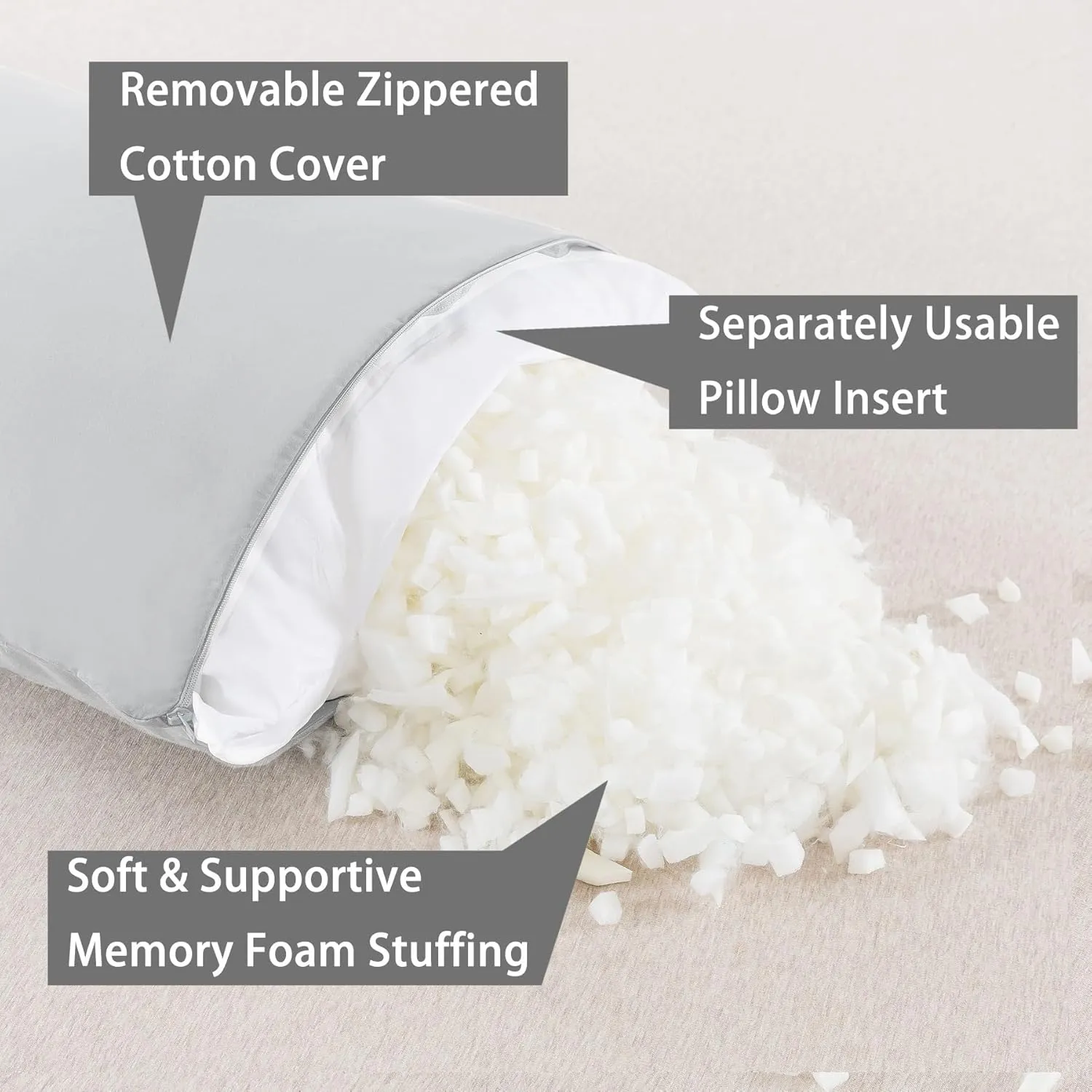 WhatsBedding Memory Foam Body Pillow with Breathable Zippered Cotton Cover, Full Body Pillow for Adults, Long Pillow for Sleeping, Firm Pillow Breathable Fluffy Supportive, Light Gray