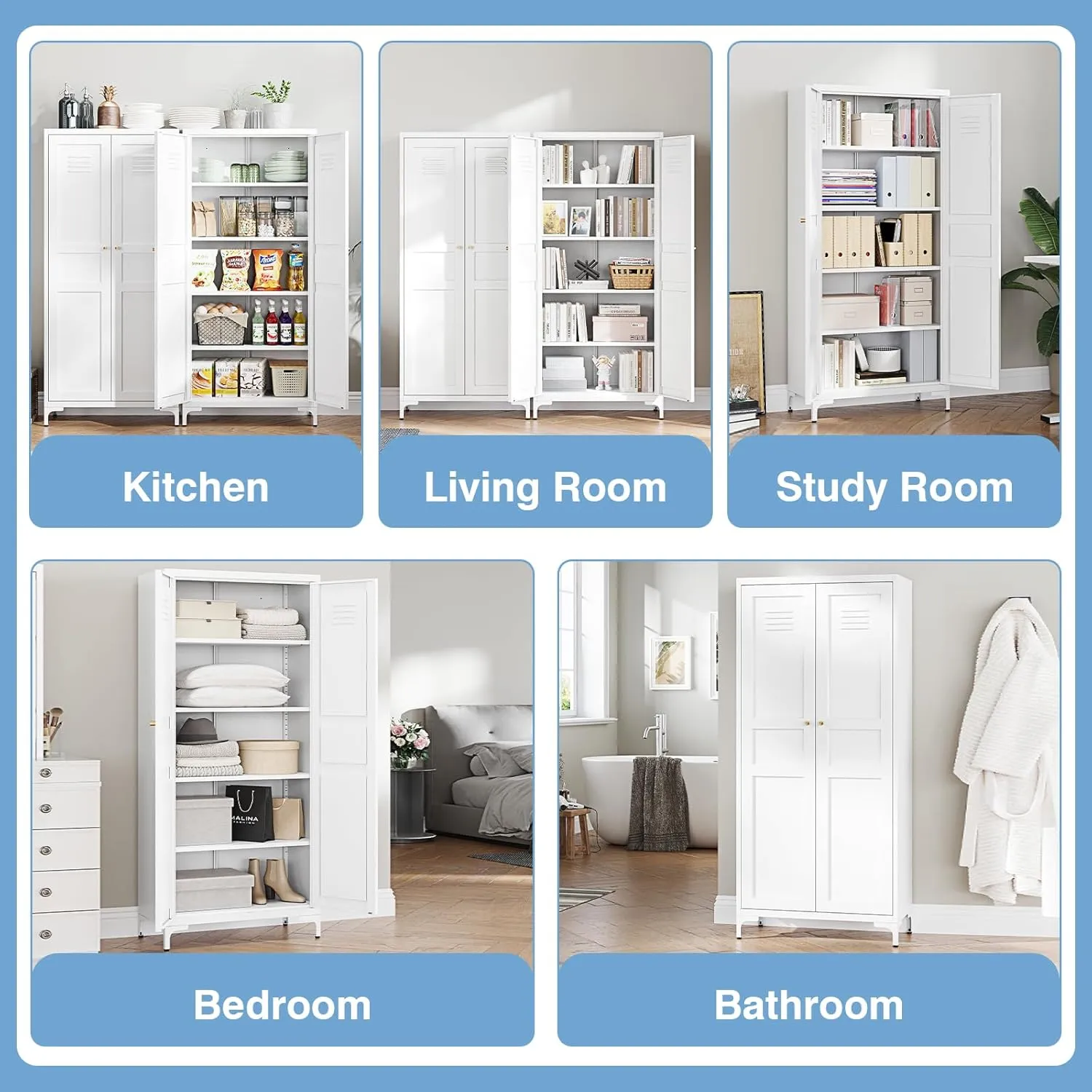 White Pantry Storage Cabinet 61-Inch High Cupborad Storage Cabinets with Doors and Shelves, Metal Kitchen Cabinet for Home, Dining Room, Bedroom, Living Room, Bathroom