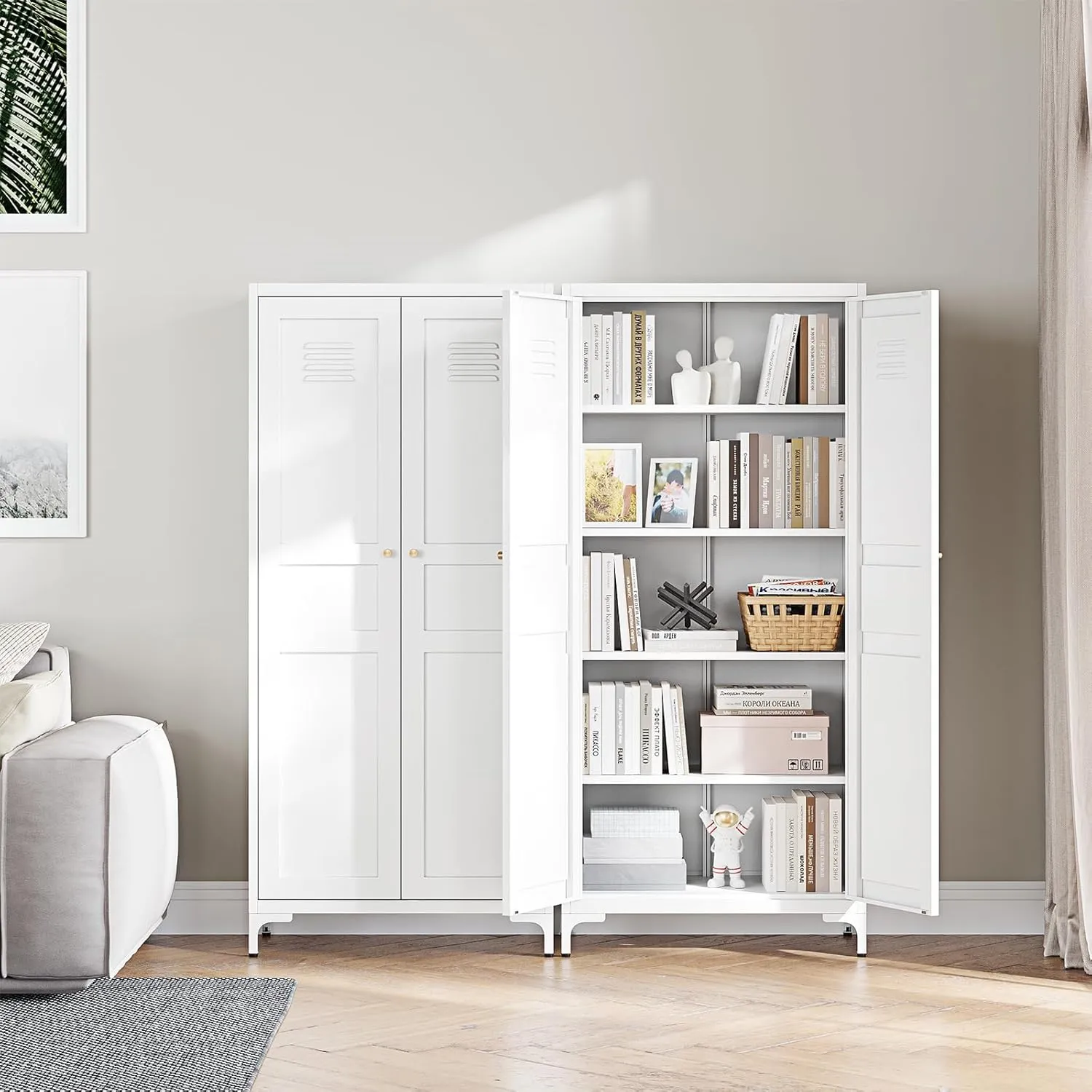 White Pantry Storage Cabinet 61-Inch High Cupborad Storage Cabinets with Doors and Shelves, Metal Kitchen Cabinet for Home, Dining Room, Bedroom, Living Room, Bathroom