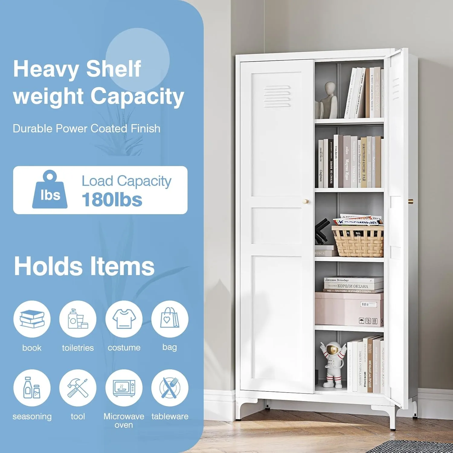 White Pantry Storage Cabinet 61-Inch High Cupborad Storage Cabinets with Doors and Shelves, Metal Kitchen Cabinet for Home, Dining Room, Bedroom, Living Room, Bathroom