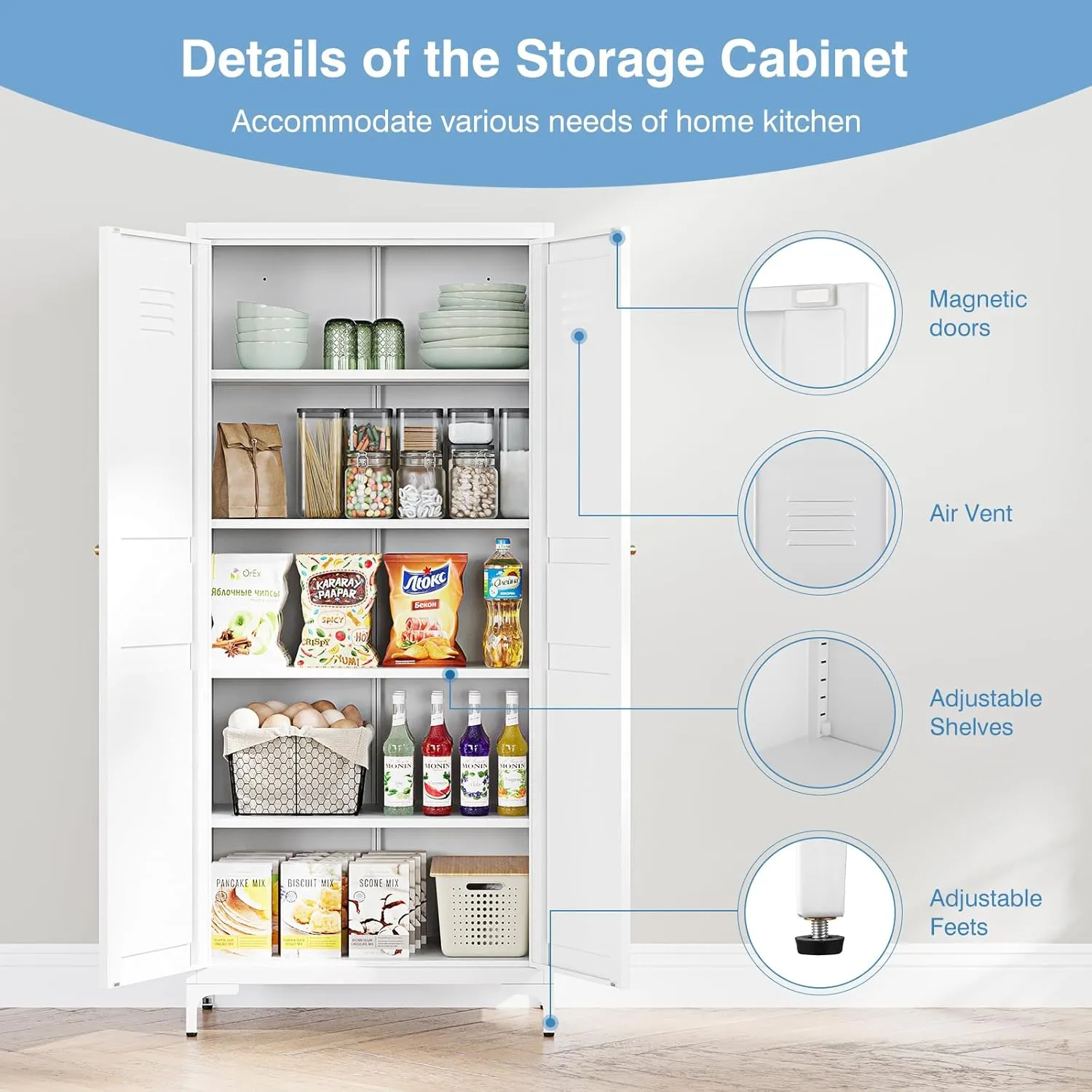 White Pantry Storage Cabinet 61-Inch High Cupborad Storage Cabinets with Doors and Shelves, Metal Kitchen Cabinet for Home, Dining Room, Bedroom, Living Room, Bathroom