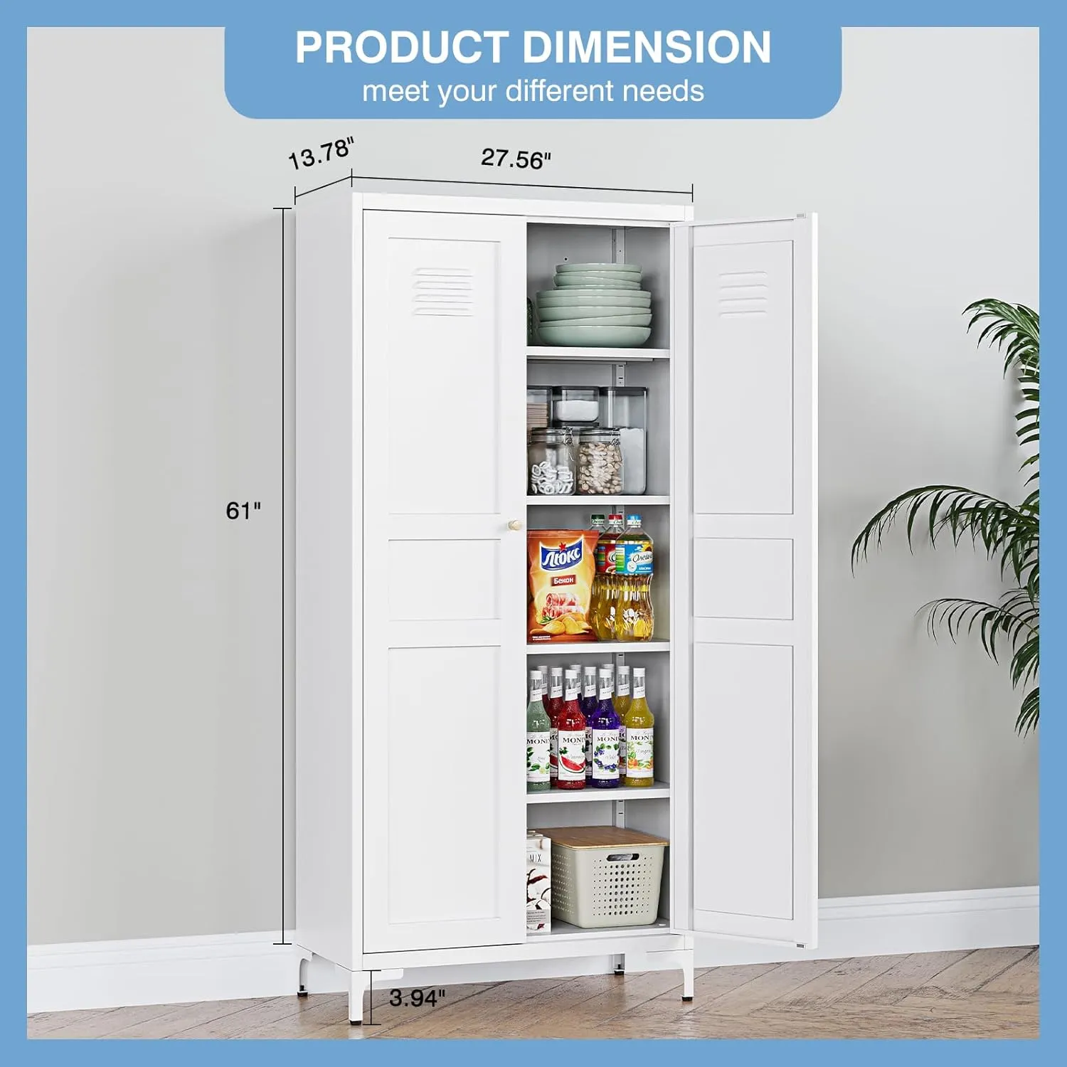 White Pantry Storage Cabinet 61-Inch High Cupborad Storage Cabinets with Doors and Shelves, Metal Kitchen Cabinet for Home, Dining Room, Bedroom, Living Room, Bathroom