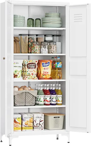 White Pantry Storage Cabinet 61-Inch High Cupborad Storage Cabinets with Doors and Shelves, Metal Kitchen Cabinet for Home, Dining Room, Bedroom, Living Room, Bathroom