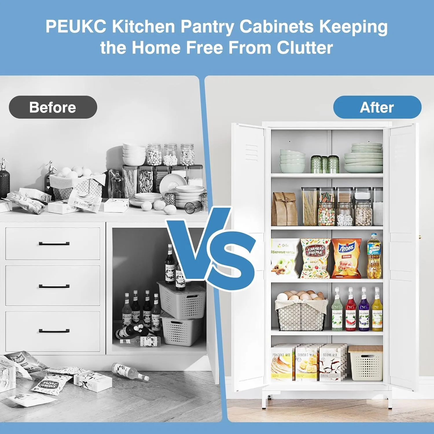 White Pantry Storage Cabinet 61-Inch High Cupborad Storage Cabinets with Doors and Shelves, Metal Kitchen Cabinet for Home, Dining Room, Bedroom, Living Room, Bathroom