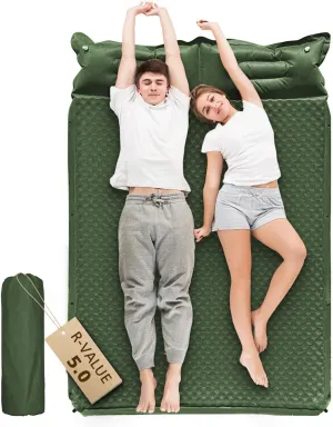 WILD FUN Double Sleeping Pad, 2in Camping Mattress 2 Person with Pillow, 5R Suede Insulated Self Inflating Camping Pad, Air Mattress Inflatable Sleeping Mat for Backpacking,Hiking(Deep Green)