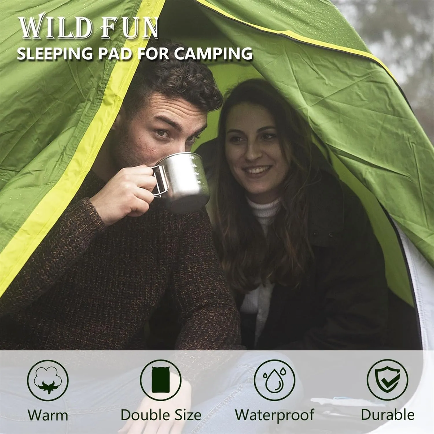 WILD FUN Double Sleeping Pad, 2in Camping Mattress 2 Person with Pillow, 5R Suede Insulated Self Inflating Camping Pad, Air Mattress Inflatable Sleeping Mat for Backpacking,Hiking(Deep Green)