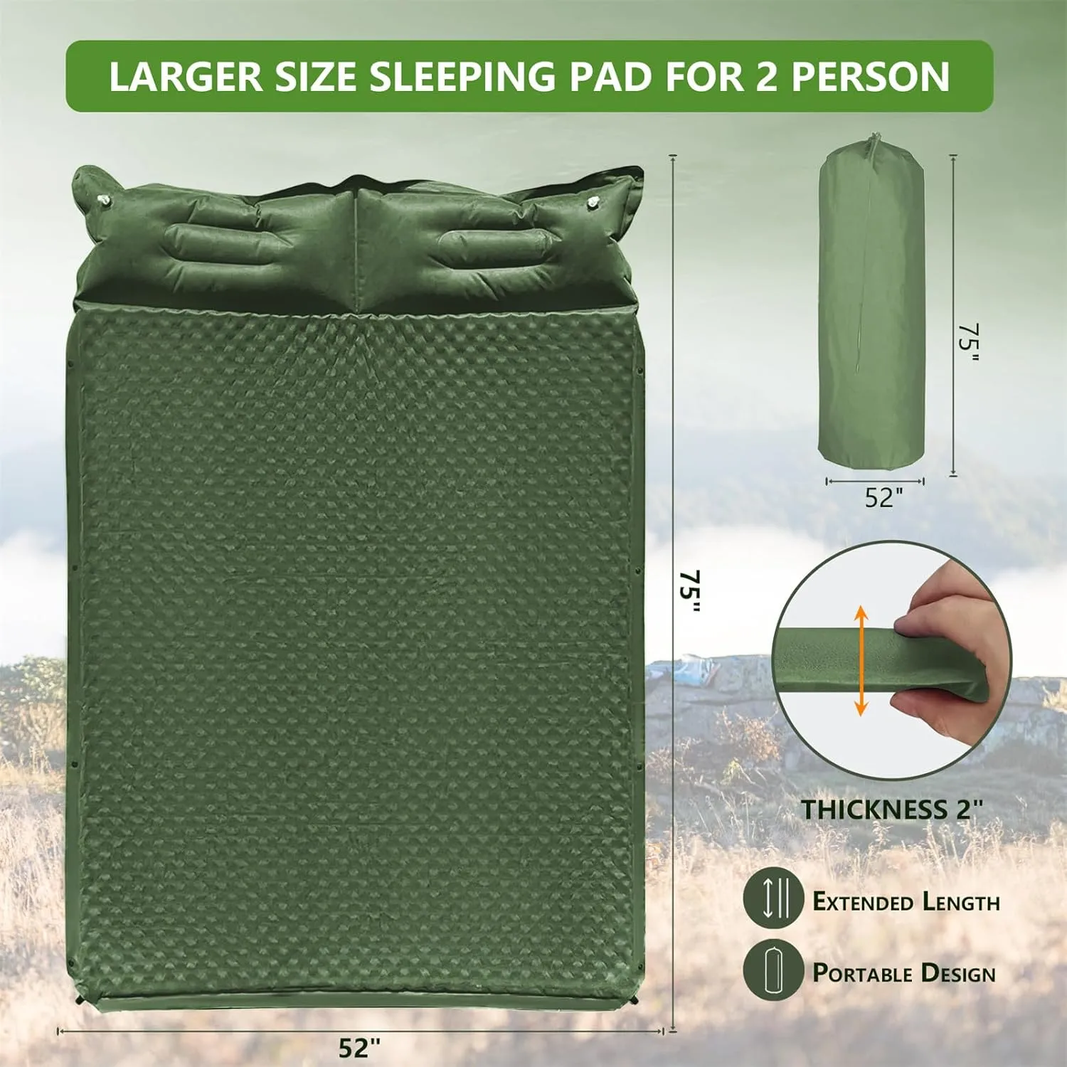 WILD FUN Double Sleeping Pad, 2in Camping Mattress 2 Person with Pillow, 5R Suede Insulated Self Inflating Camping Pad, Air Mattress Inflatable Sleeping Mat for Backpacking,Hiking(Deep Green)