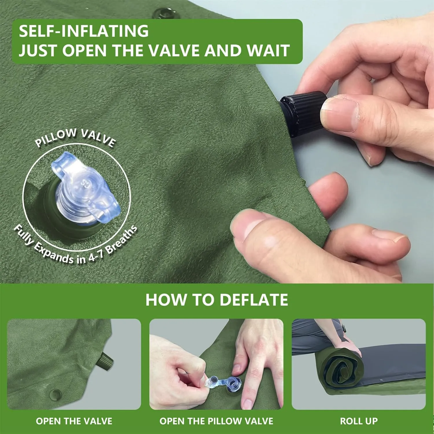 WILD FUN Double Sleeping Pad, 2in Camping Mattress 2 Person with Pillow, 5R Suede Insulated Self Inflating Camping Pad, Air Mattress Inflatable Sleeping Mat for Backpacking,Hiking(Deep Green)