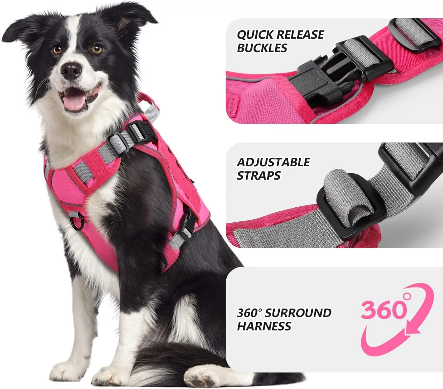 WINGOIN Pink Harness with Handle Tactical Dog Harness for Large Dogs No Pull Adjustable Reflective K9 Military Dog Vest Harnesses for Labrador Retriever, Siberian Husky, German Shepherd Dog (L)