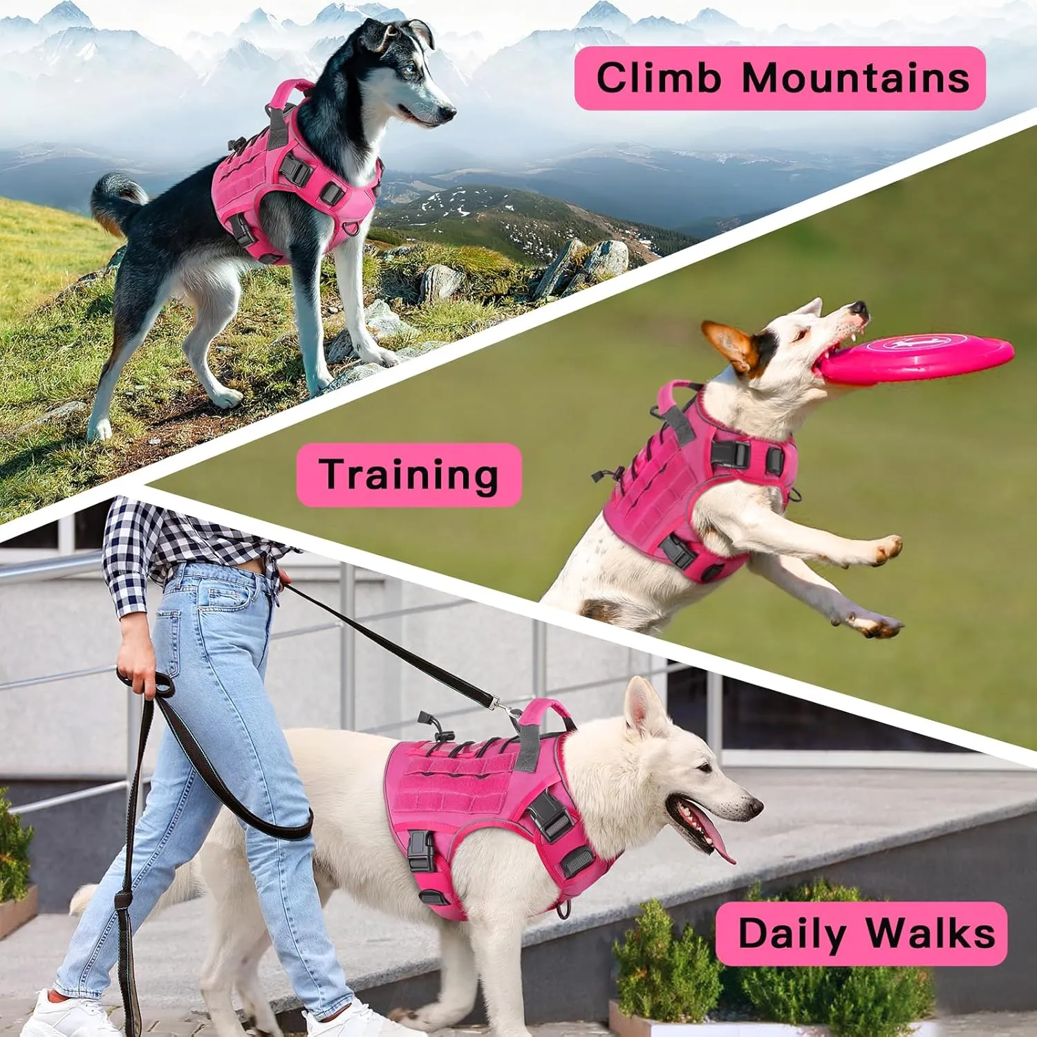 WINGOIN Pink Harness with Handle Tactical Dog Harness for Large Dogs No Pull Adjustable Reflective K9 Military Dog Vest Harnesses for Labrador Retriever, Siberian Husky, German Shepherd Dog (L)