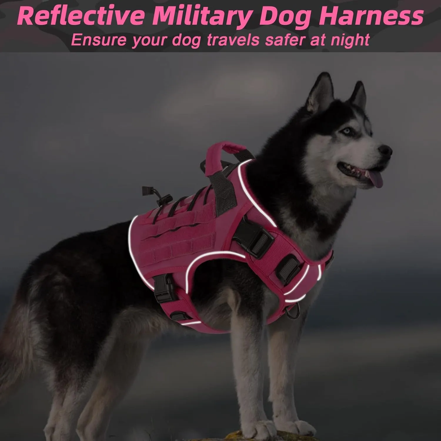 WINGOIN Pink Harness with Handle Tactical Dog Harness for Large Dogs No Pull Adjustable Reflective K9 Military Dog Vest Harnesses for Labrador Retriever, Siberian Husky, German Shepherd Dog (L)