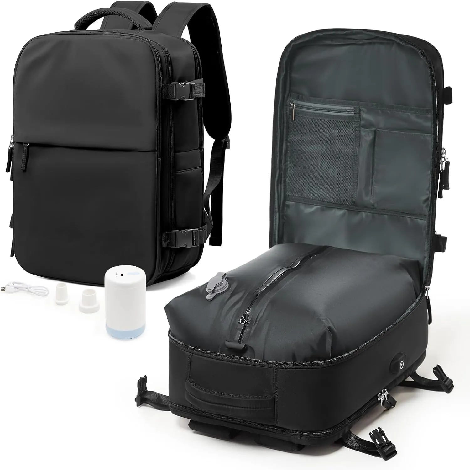 winspansy Large Travel Backpack Storage Vacuum Compression Seal Bags for Women Men Clothing with Pump Personal Item Work Carry on Business Vacpack College Airback Laptop Backpack Black