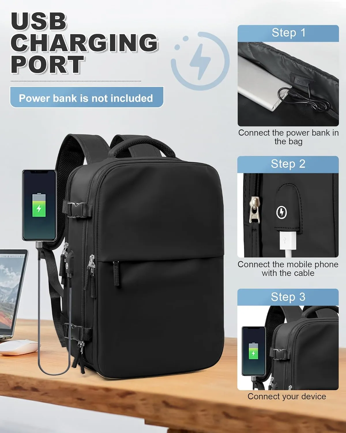 winspansy Large Travel Backpack Storage Vacuum Compression Seal Bags for Women Men Clothing with Pump Personal Item Work Carry on Business Vacpack College Airback Laptop Backpack Black