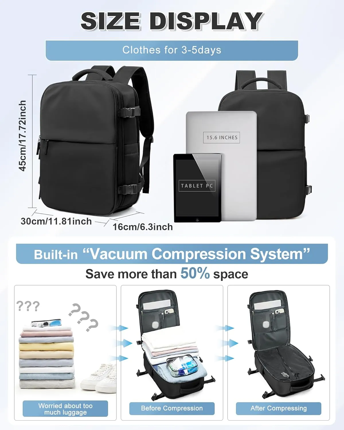 winspansy Large Travel Backpack Storage Vacuum Compression Seal Bags for Women Men Clothing with Pump Personal Item Work Carry on Business Vacpack College Airback Laptop Backpack Black