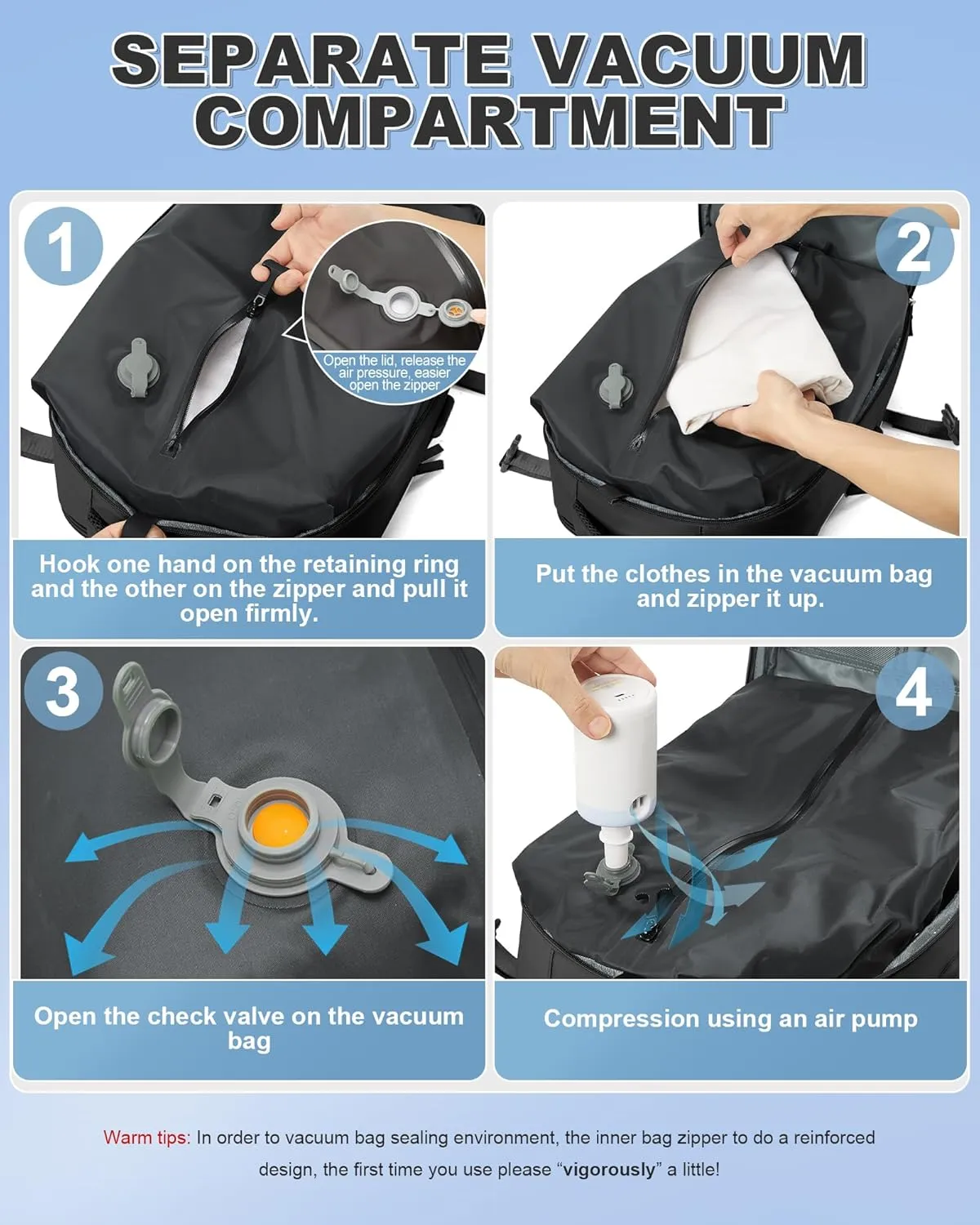 winspansy Large Travel Backpack Storage Vacuum Compression Seal Bags for Women Men Clothing with Pump Personal Item Work Carry on Business Vacpack College Airback Laptop Backpack Black