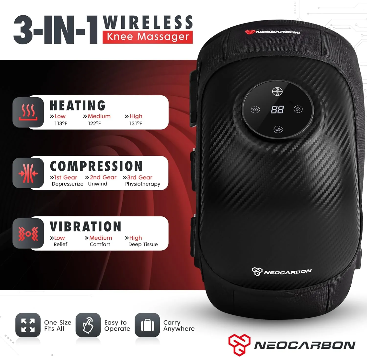 Wireless Knee Massager, Portable Heated Therapy with Compression and Vibration Massage Muscle Relaxation, Knee Joint Pain Relief, Black