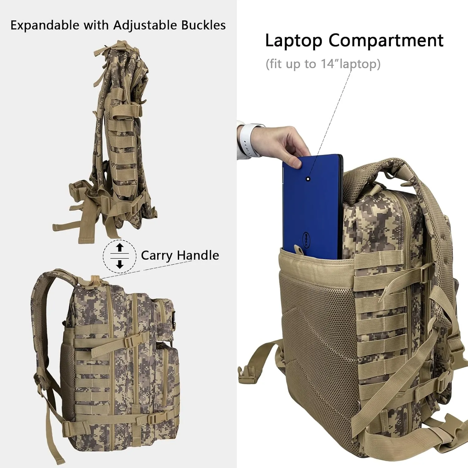 WOLT | Tactical Backpack for Men 45L Military Backpack Large 3 Day Assault Pack Molle Rucking Bag for Hiking Survival, Camouflage Khaki