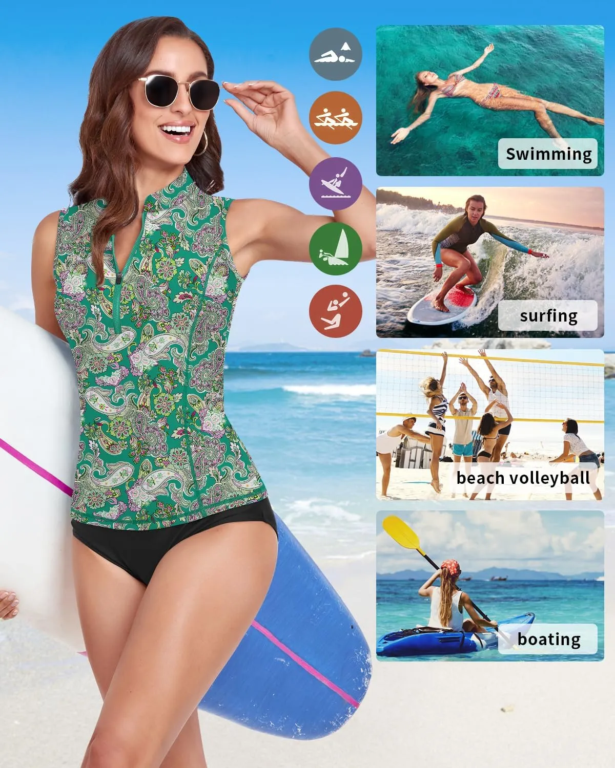 Women Rash Guard Tank Top Swim Shirts UV Sun Protection Surfing Swimsuits Top Zipper Bathing Suit Built in Bra No Bottoms