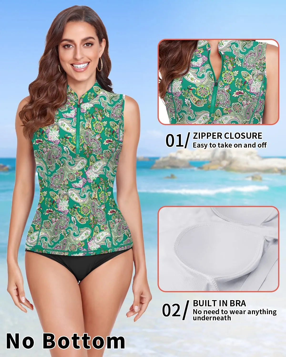 Women Rash Guard Tank Top Swim Shirts UV Sun Protection Surfing Swimsuits Top Zipper Bathing Suit Built in Bra No Bottoms