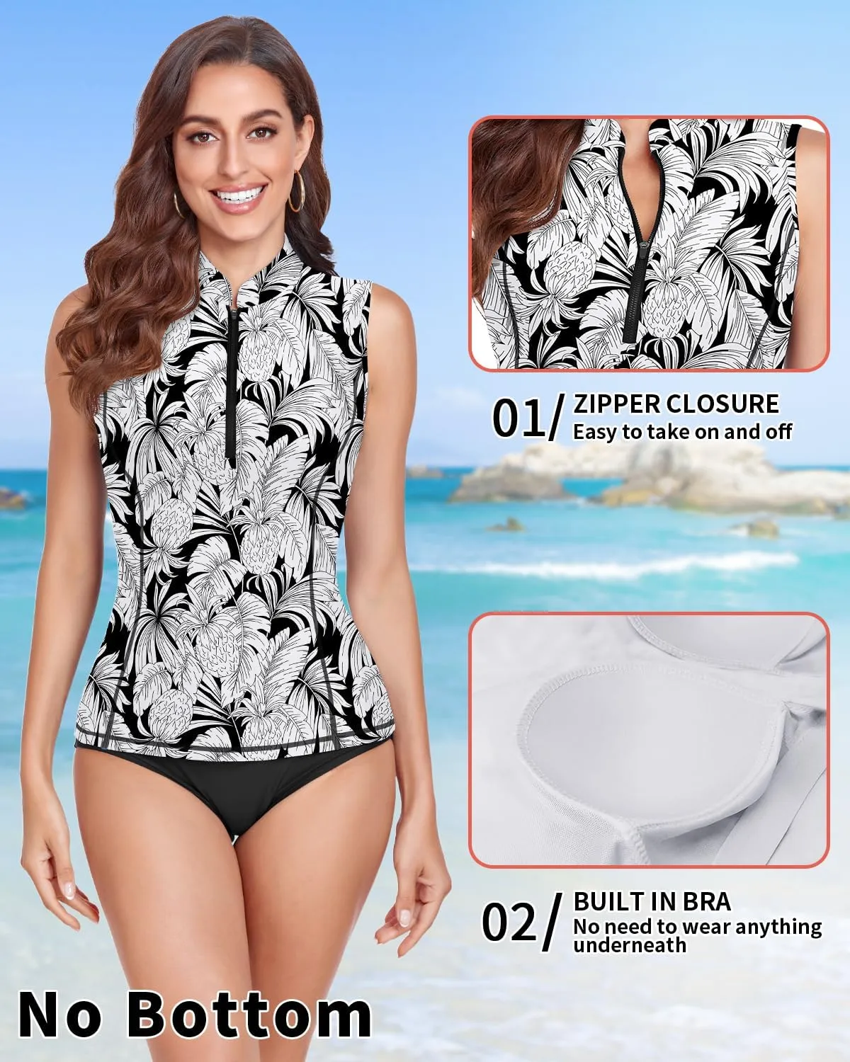 Women Rash Guard Tank Top Swim Shirts UV Sun Protection Surfing Swimsuits Top Zipper Bathing Suit Built in Bra No Bottoms