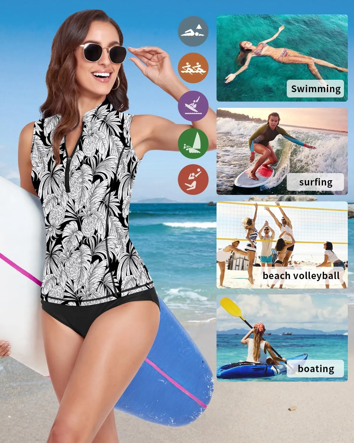 Women Rash Guard Tank Top Swim Shirts UV Sun Protection Surfing Swimsuits Top Zipper Bathing Suit Built in Bra No Bottoms