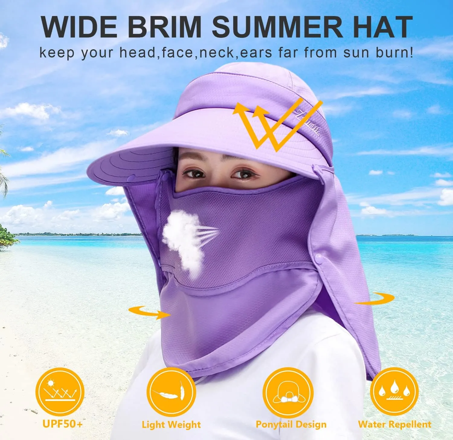 Women Wide Brim Face Mask Sun Hat Detachable Neck Face Flap Ponytail UV Protection Visor Hat Garden Fishing Hiking