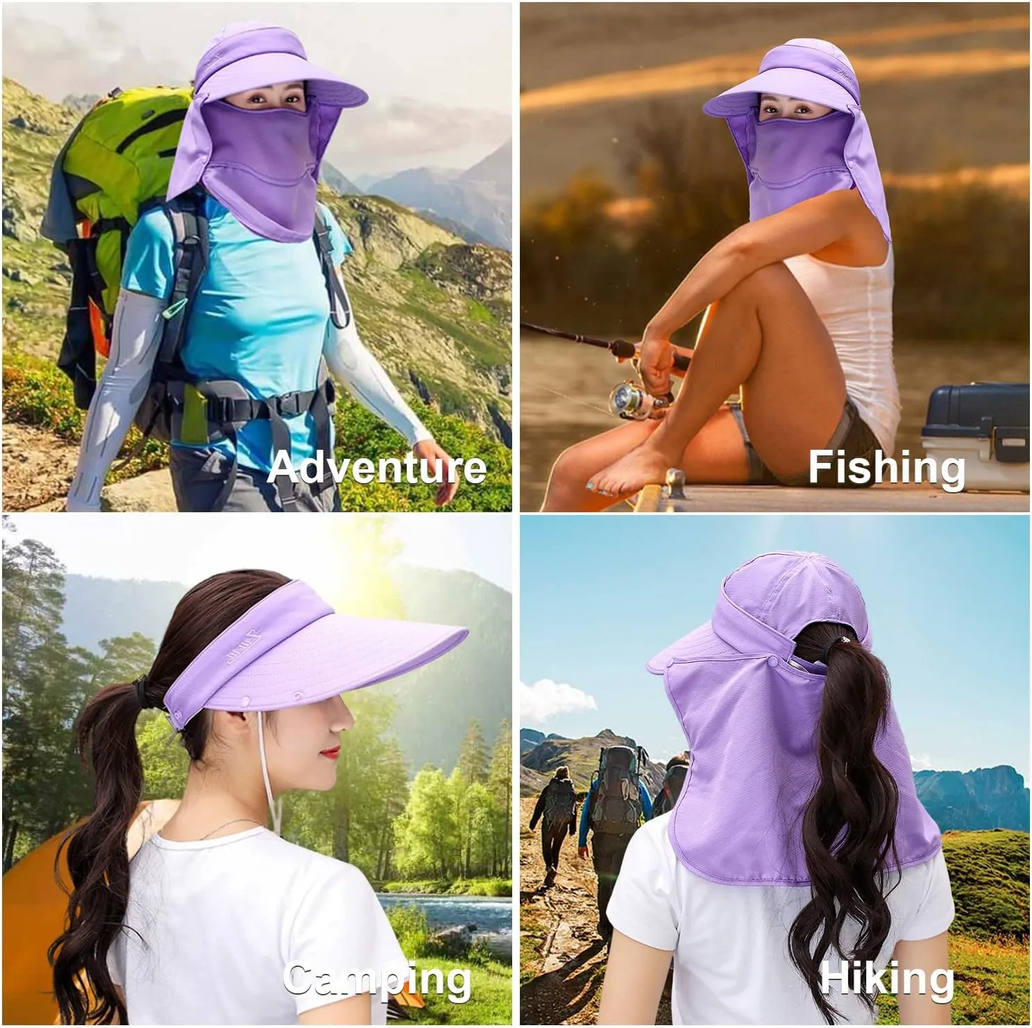 Women Wide Brim Face Mask Sun Hat Detachable Neck Face Flap Ponytail UV Protection Visor Hat Garden Fishing Hiking