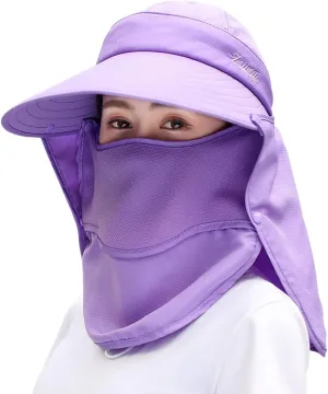 Women Wide Brim Face Mask Sun Hat Detachable Neck Face Flap Ponytail UV Protection Visor Hat Garden Fishing Hiking