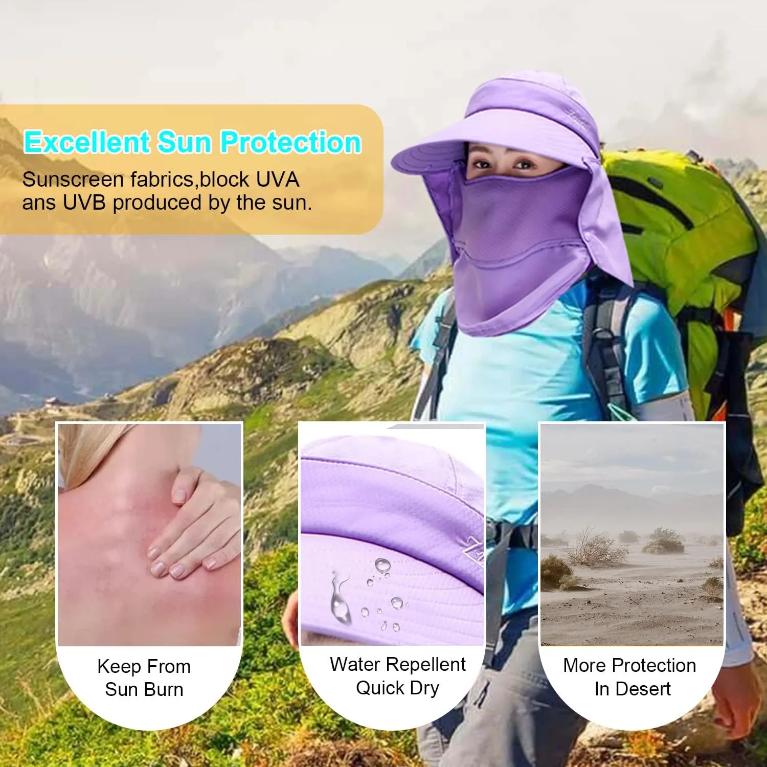 Women Wide Brim Face Mask Sun Hat Detachable Neck Face Flap Ponytail UV Protection Visor Hat Garden Fishing Hiking