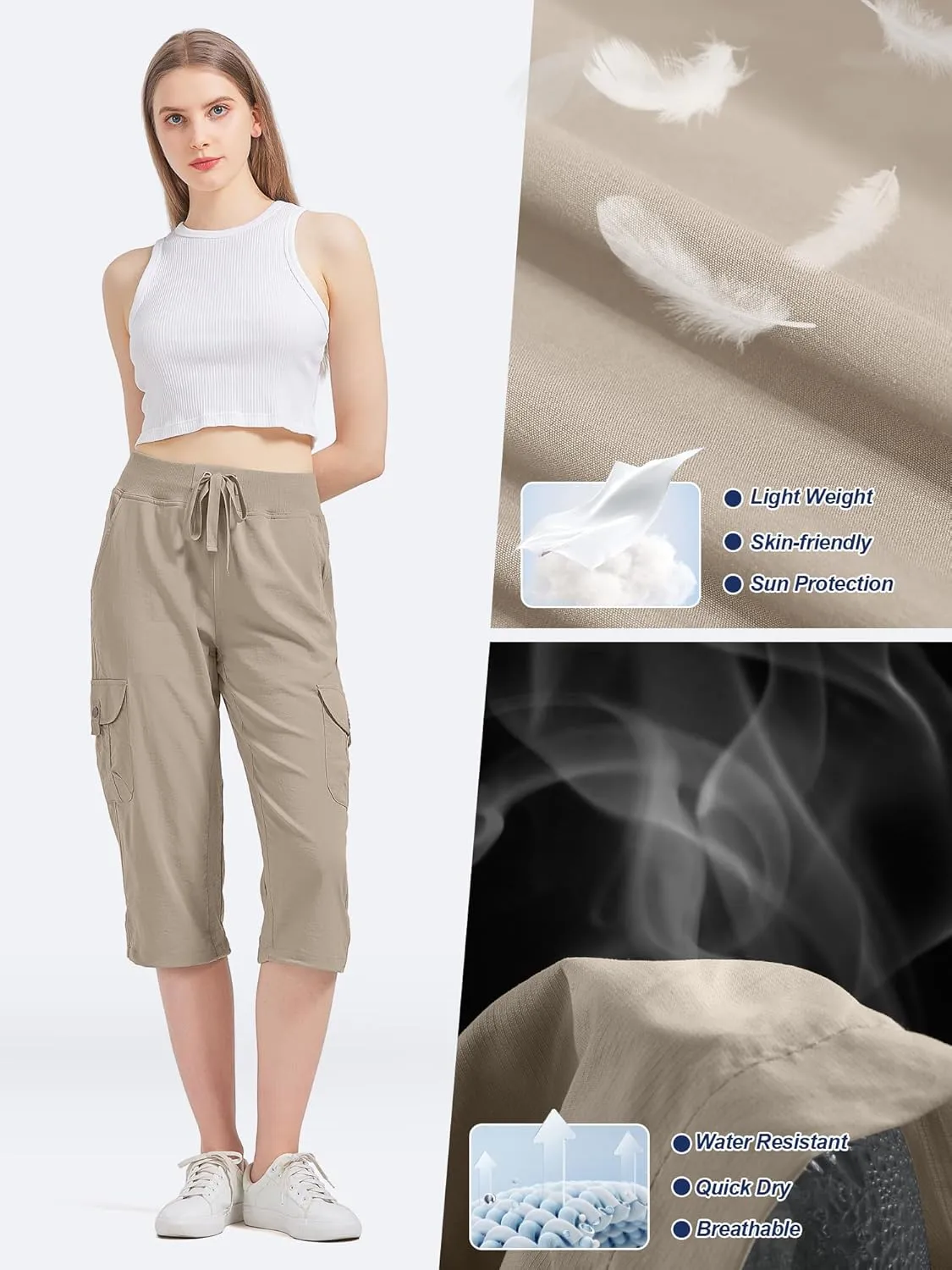 Women's Cargo Capris Hiking Pants Quick Dry Lightweight Athletic Outdoor Travel Loose Fit Casual Capris with Pockets