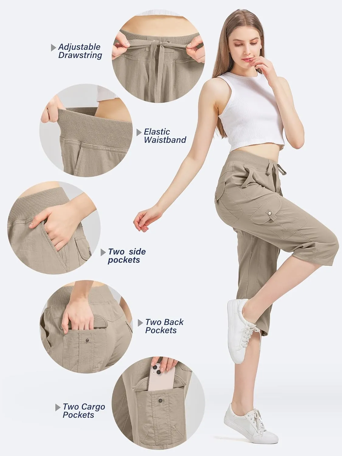 Women's Cargo Capris Hiking Pants Quick Dry Lightweight Athletic Outdoor Travel Loose Fit Casual Capris with Pockets