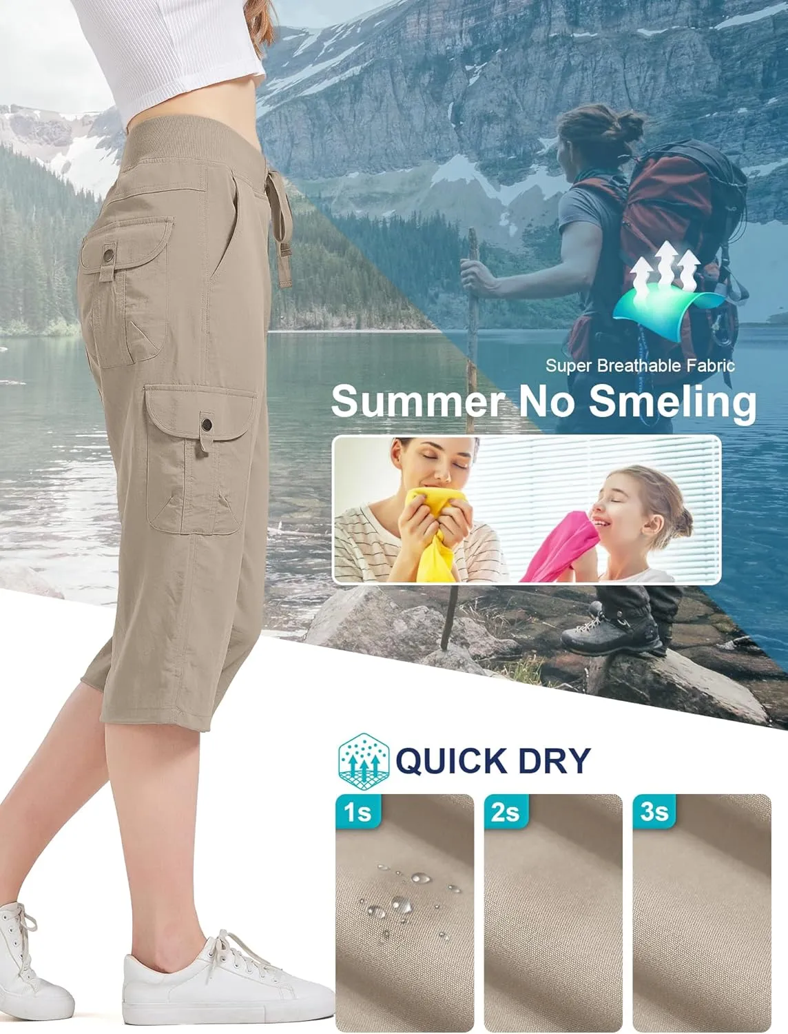 Women's Cargo Capris Hiking Pants Quick Dry Lightweight Athletic Outdoor Travel Loose Fit Casual Capris with Pockets