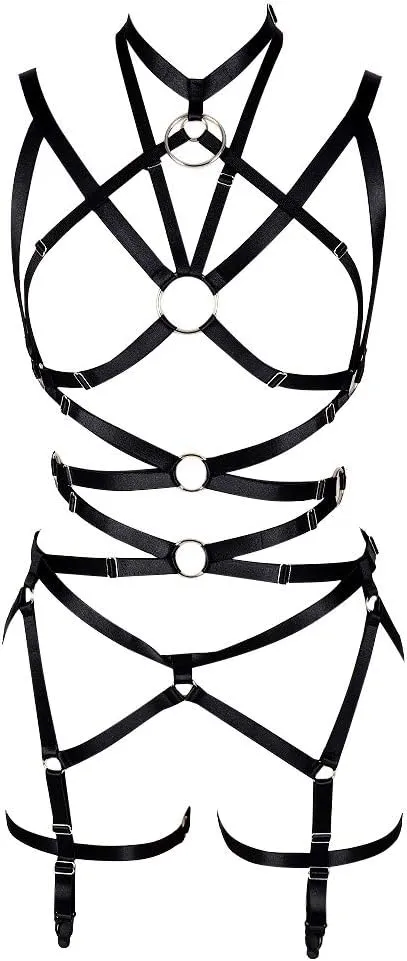 Women's Full Body Harness Bra Garter Belt Lingerie cage Set Chest Strap Gothic Punk Festival Rave Plus Size
