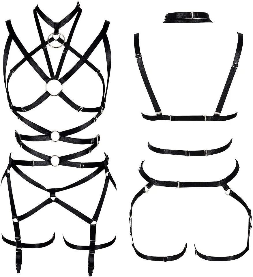 Women's Full Body Harness Bra Garter Belt Lingerie cage Set Chest Strap Gothic Punk Festival Rave Plus Size