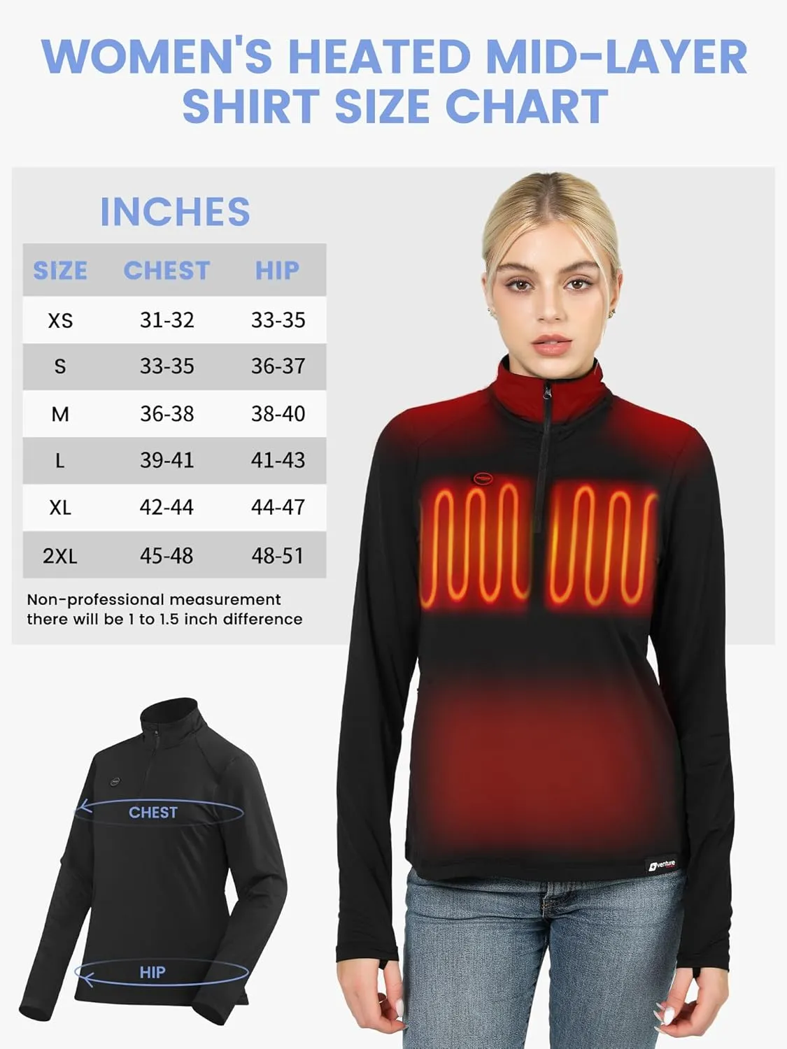 Women's Heated Shirt with Battery Included - High Powered Self Warming Thermal Layer, Stretch Mid Layer