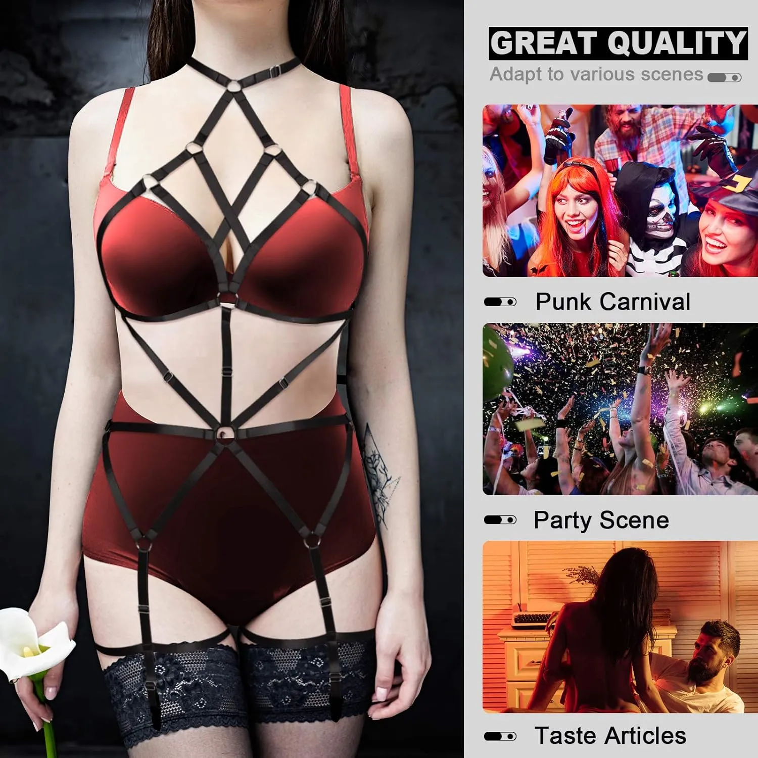 Women's Lingerie cage Set Full Body Harness Bra Garter Punk Gothic Belt Festival Rave Adjustable Strap Stretchy Fabric