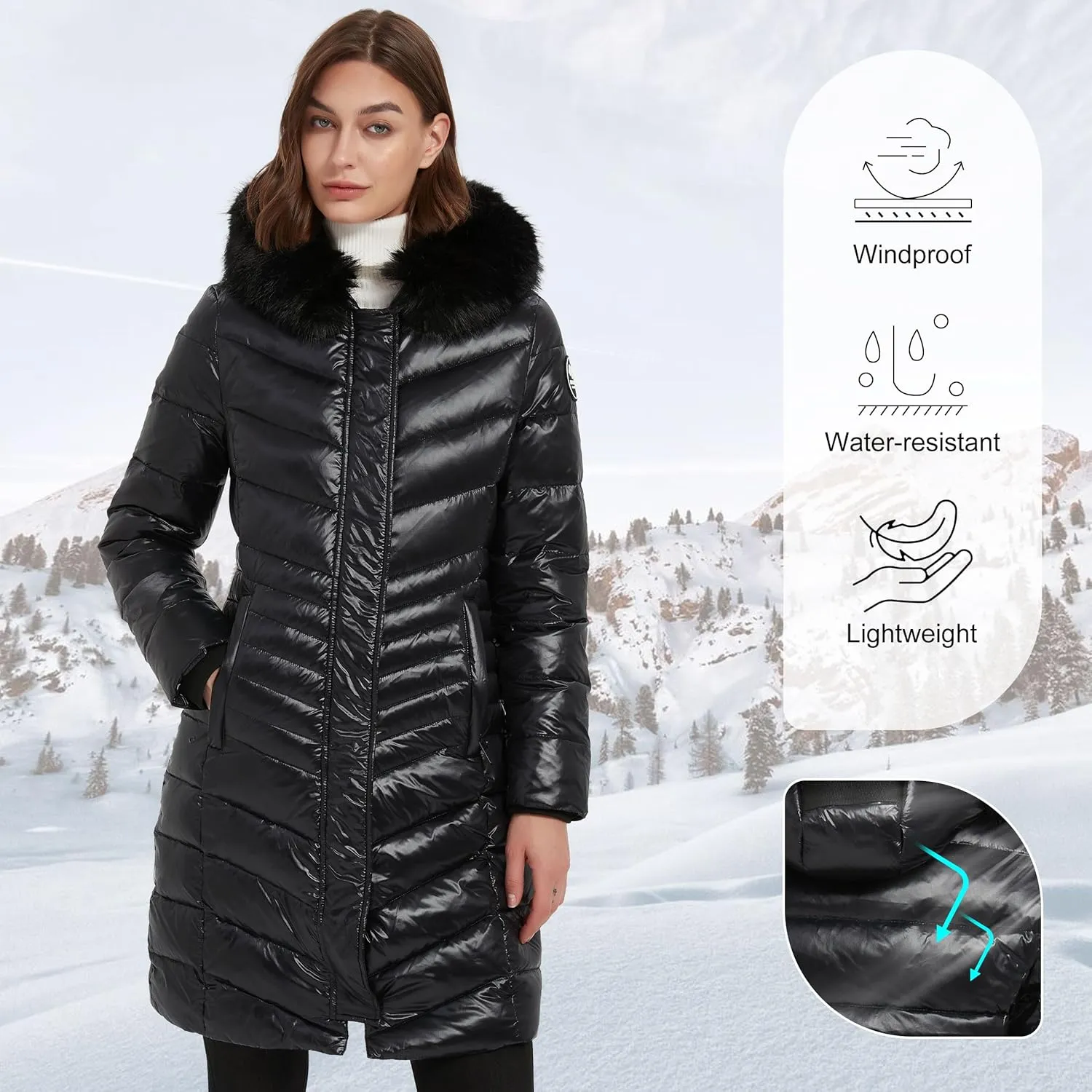 Women's Padded Jacket, Thicken Parka Faux Fur Vegan Down Long Parka Winter Jacket Warm Hooded Outwear XS-XXL