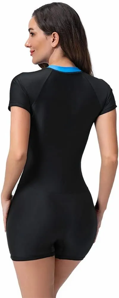Women's Rash Guard Short Sleeve One Piece Swimsuit Zipper Printed Surfing Boyleg Bathing Suit UPF 50  Swimwear Wetsuit