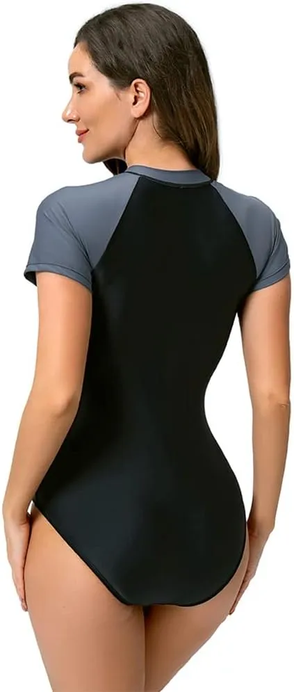 Women's Rash Guard Short Sleeve One Piece Swimsuit Zipper Printed Surfing Boyleg Bathing Suit UPF 50  Swimwear Wetsuit