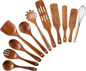 Wooden Spoons for Cooking, 11Pcs Wooden Kitchen Utensil Set, Natural Teak Wood Spatula Spurtles Salad Fork Spoon Set for Non-Stick Pans Cookware Kitchen Tools As Seen On TV