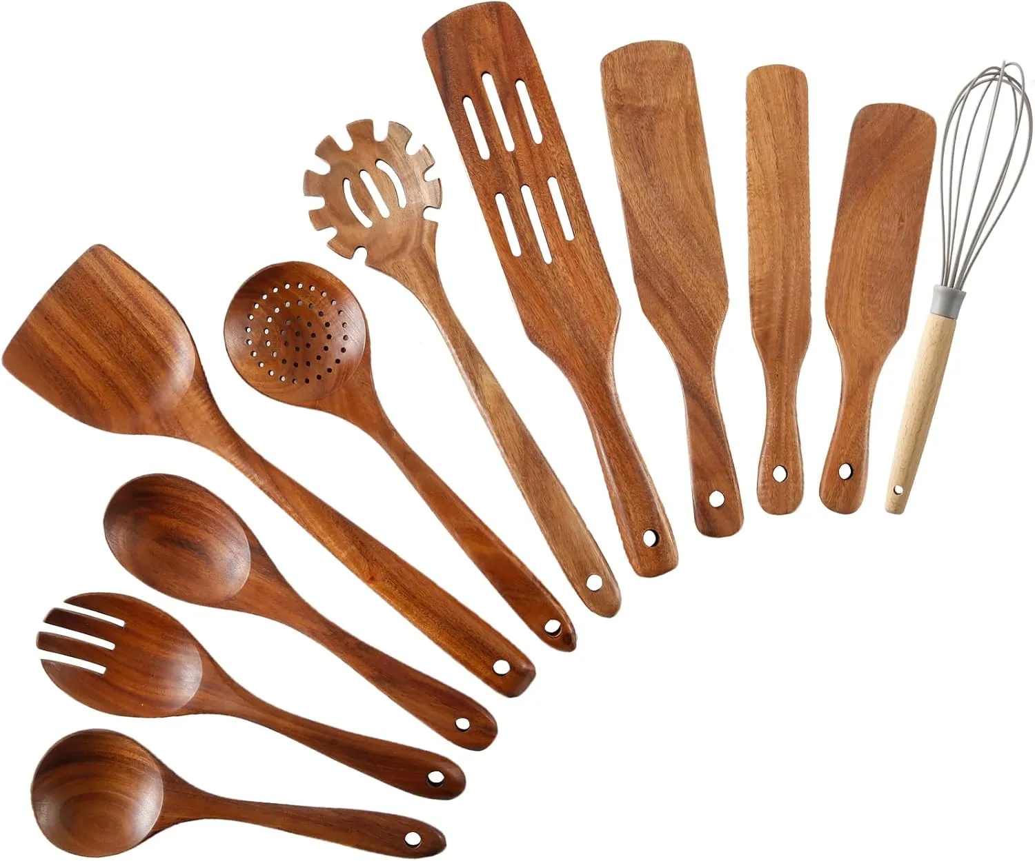 Wooden Spoons for Cooking, 11Pcs Wooden Kitchen Utensil Set, Natural Teak Wood Spatula Spurtles Salad Fork Spoon Set for Non-Stick Pans Cookware Kitchen Tools As Seen On TV