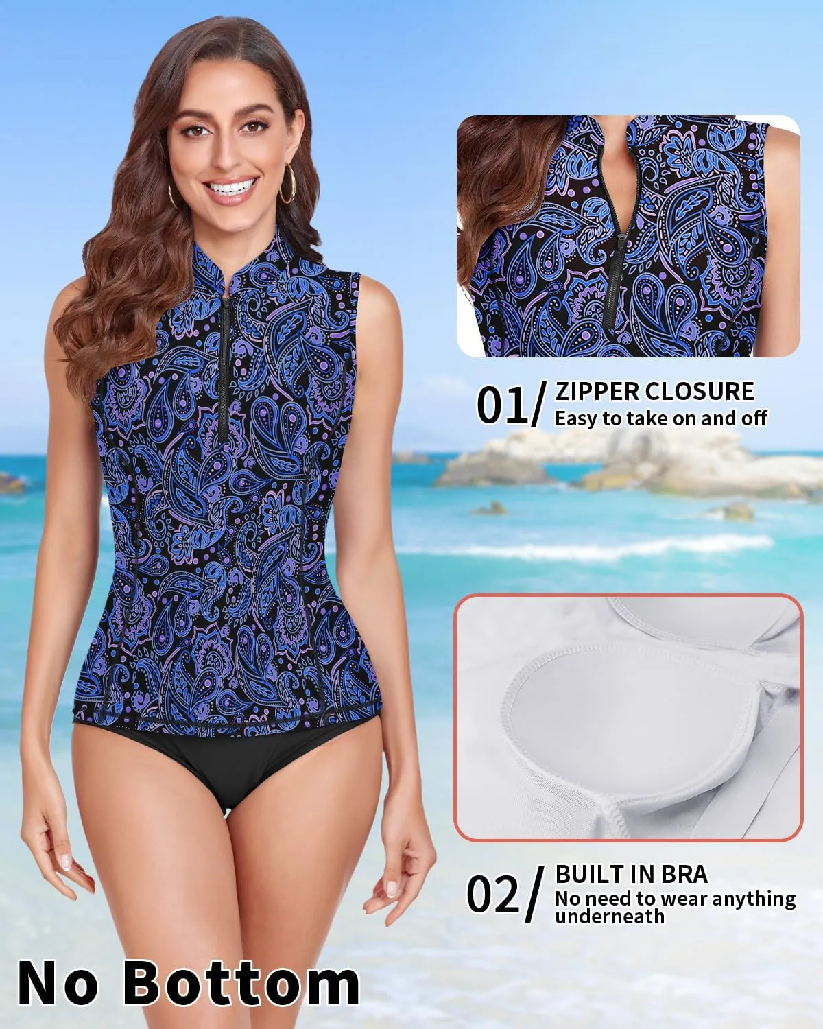 WOWENY Women Rash Guard Sleeveless Swim Shirts UPF 50 Sun Protection Swimsuit Tops Bathing Suit Top No Bottom