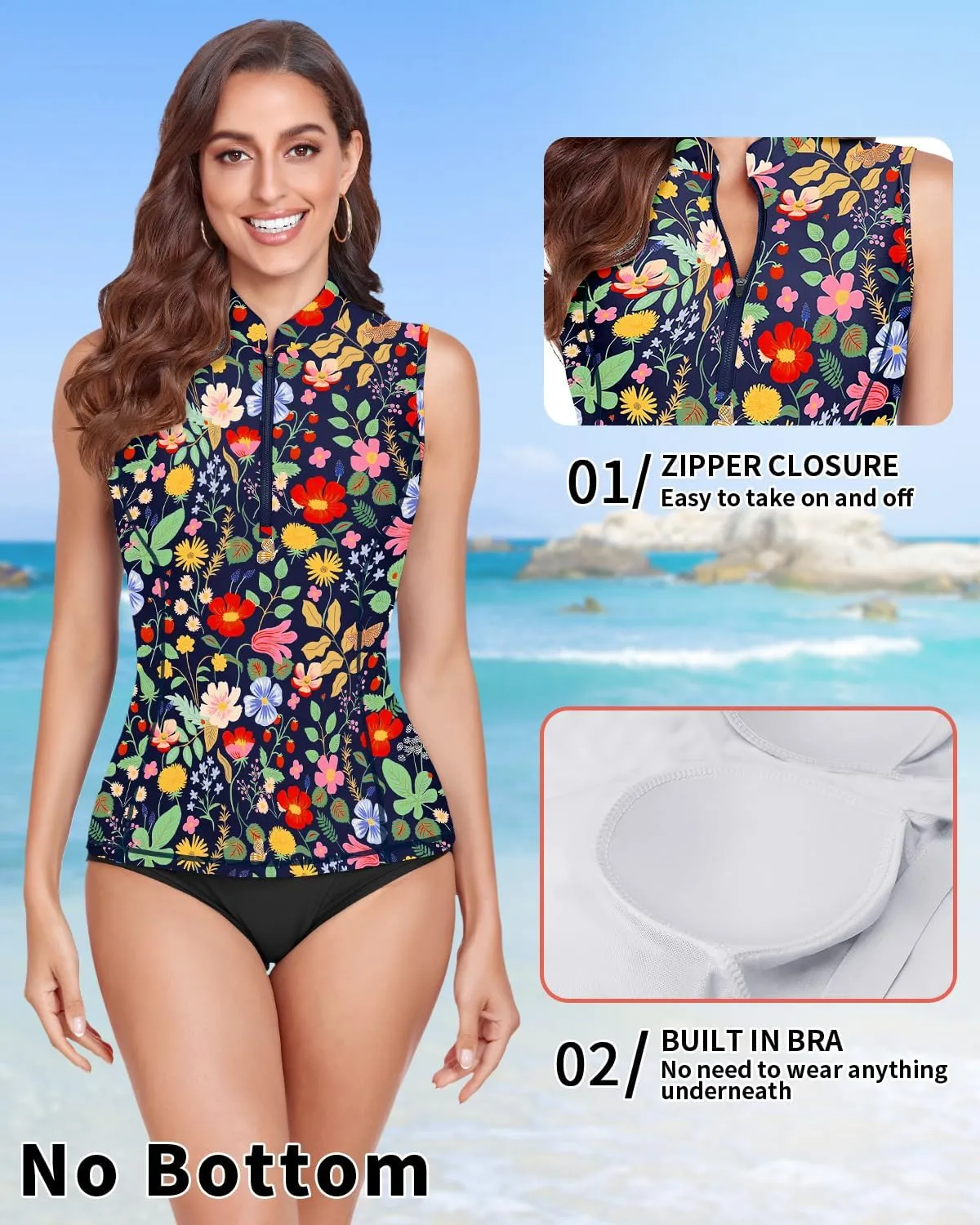 WOWENY Women Rash Guard Sleeveless Swim Shirts UPF 50 Sun Protection Swimsuit Tops Bathing Suit Top No Bottom