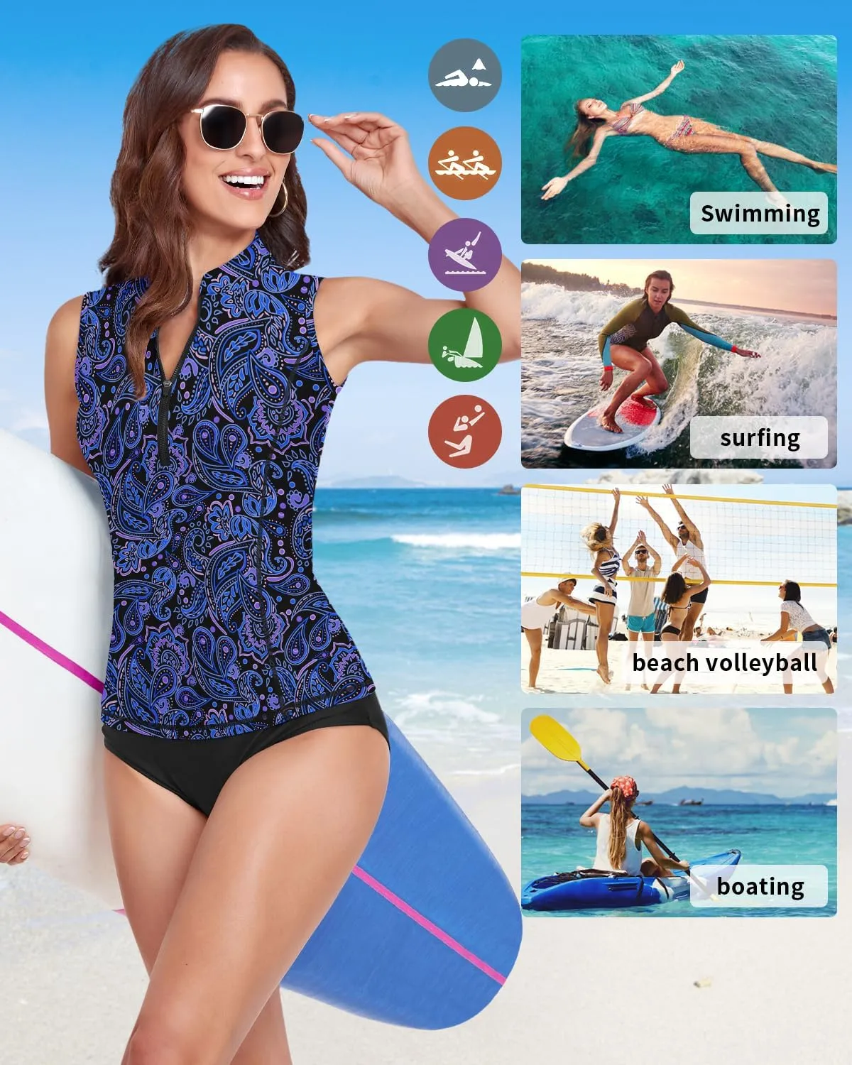 WOWENY Women Rash Guard Sleeveless Swim Shirts UPF 50 Sun Protection Swimsuit Tops Bathing Suit Top No Bottom
